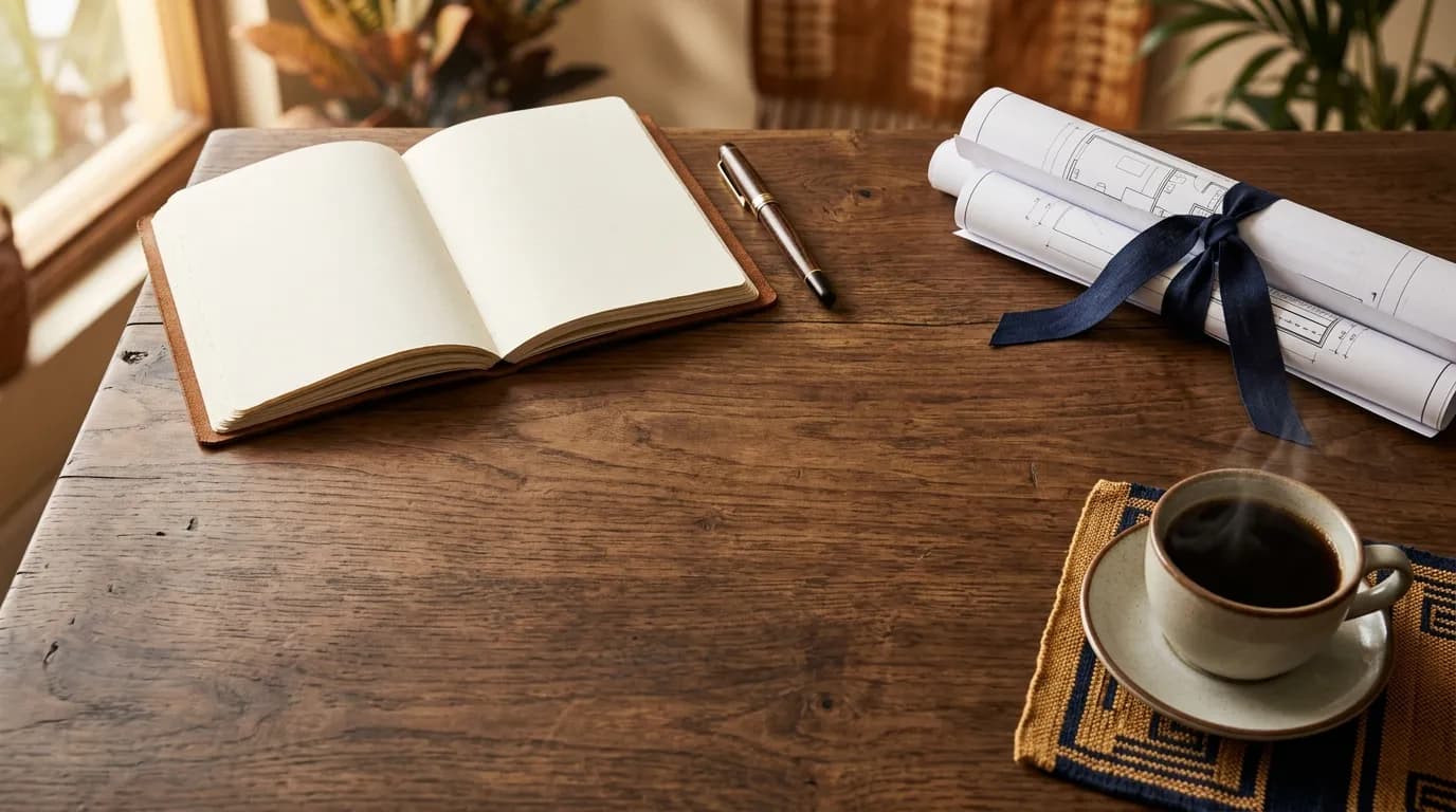 An open notebook, pen and rolled architectural drawings on a wooden desk