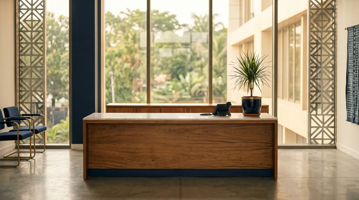 A reception counter with a potted plant beside tall office windows