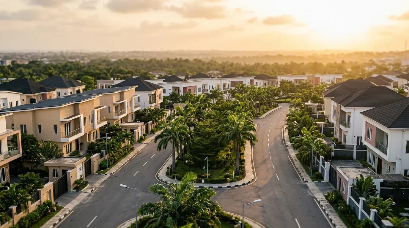 An aerial view of a Nigerian residential estate at golden hour