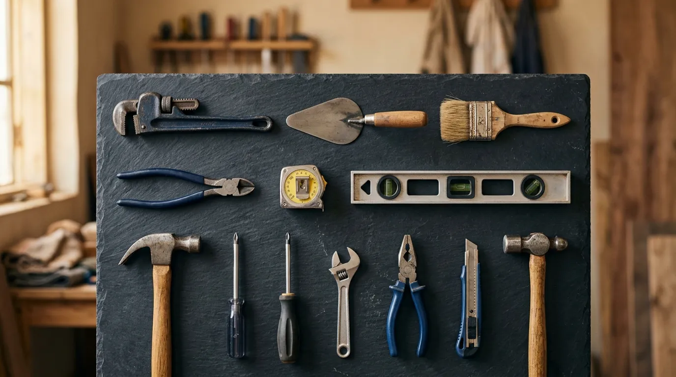 An overhead arrangement of trade tools on a dark slate surface