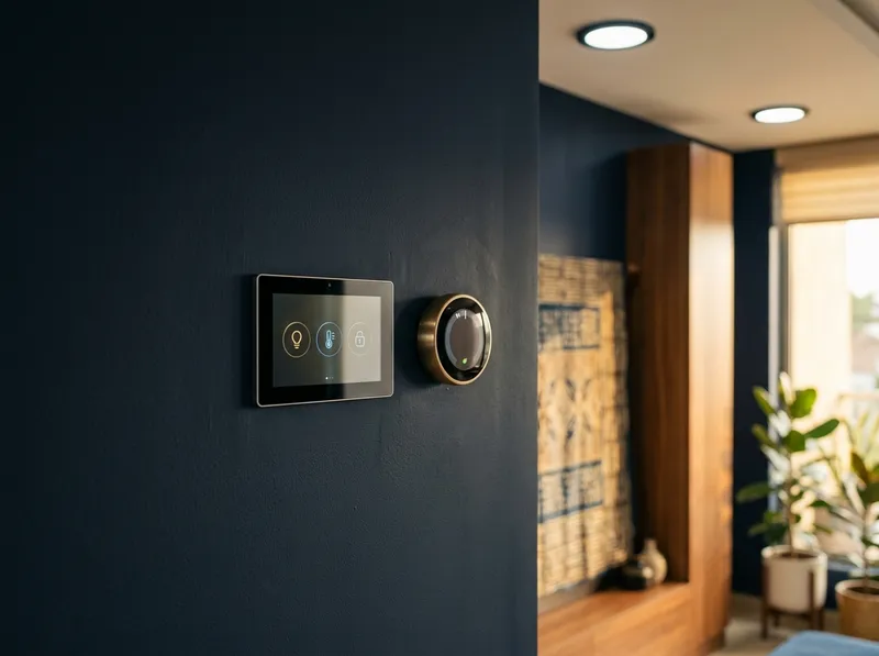 A smart home control panel and thermostat on a dark painted wall