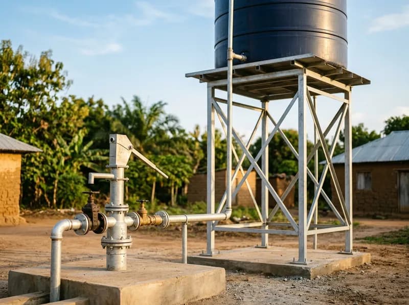 A borehole wellhead and pipework beside a raised overhead water tank