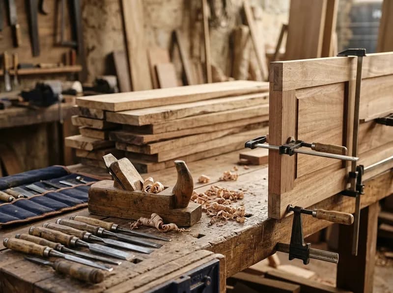 A carpenter's workbench with chisels and a hand plane beside a hardwood wardrobe door
