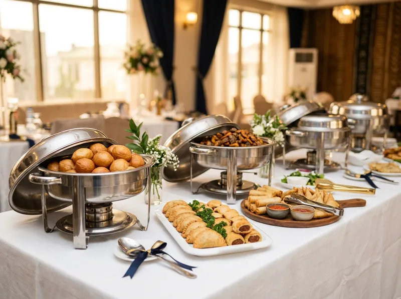 A buffet table laid with chafing dishes and plated small chops for an event