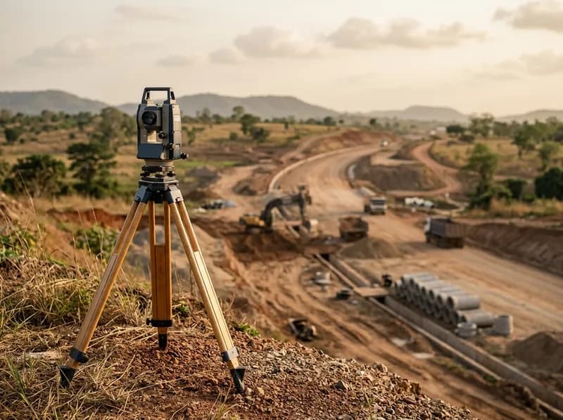 A surveying theodolite overlooking road and drainage earthworks