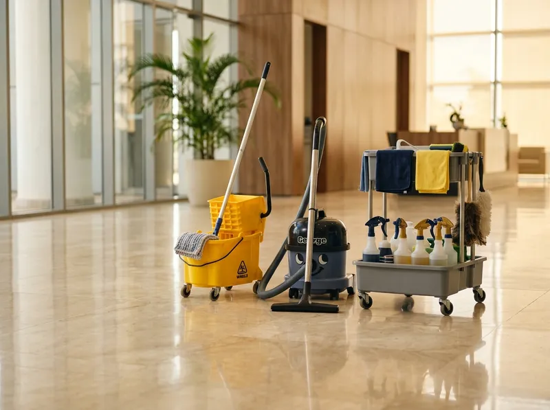 Professional cleaning equipment on a polished office lobby floor