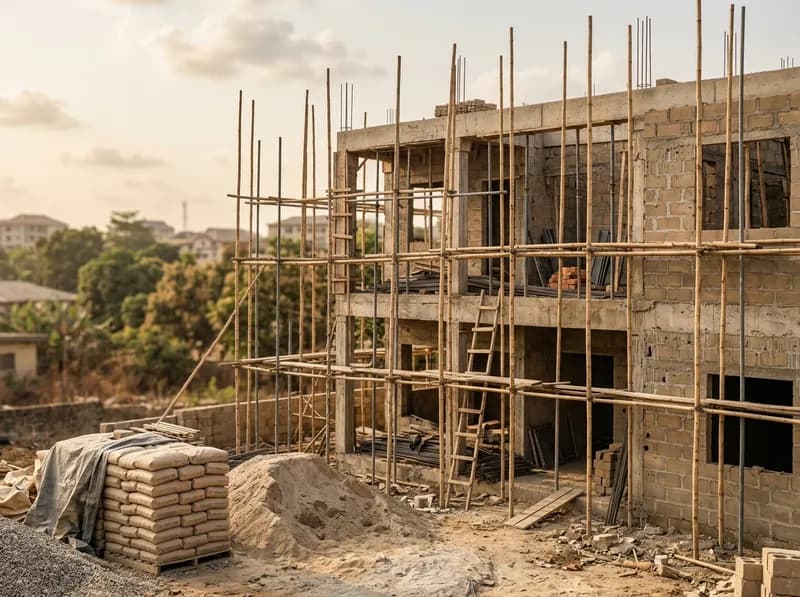 A multi-storey building under construction with timber scaffolding