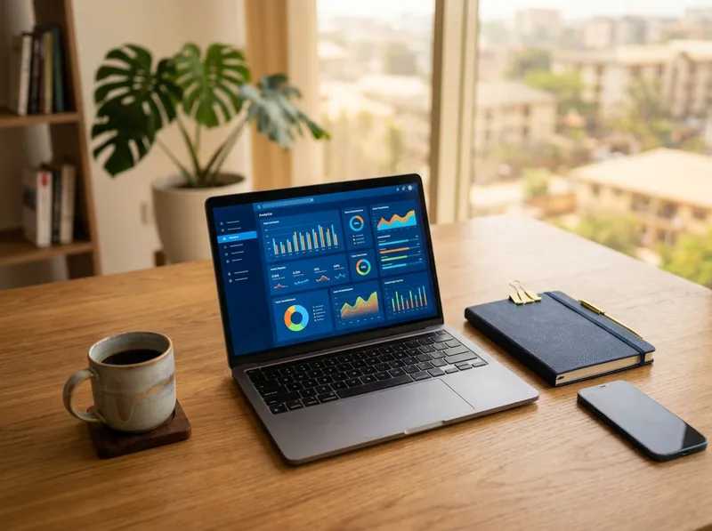 A desk with a laptop showing an analytics dashboard, a notebook and a phone