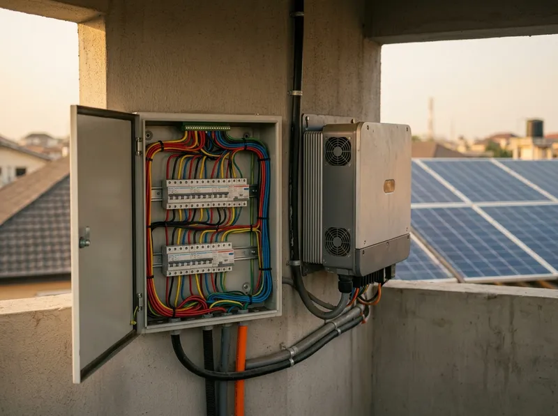 An open electrical distribution board with colour-coded wiring beside solar panels