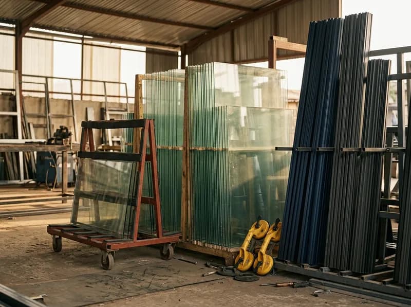 Sheets of tempered glass and aluminium profiles racked in a fabrication workshop