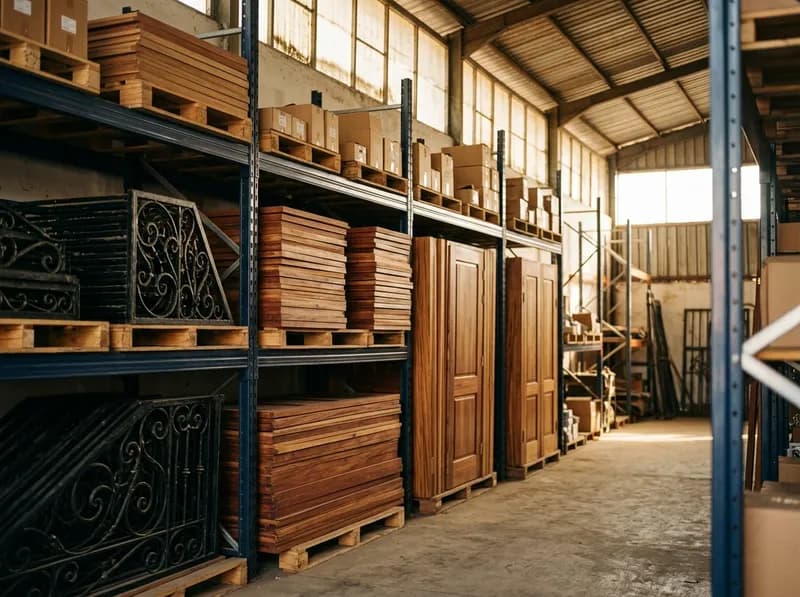 A warehouse aisle stacked with hardwood doors and wrought iron gates