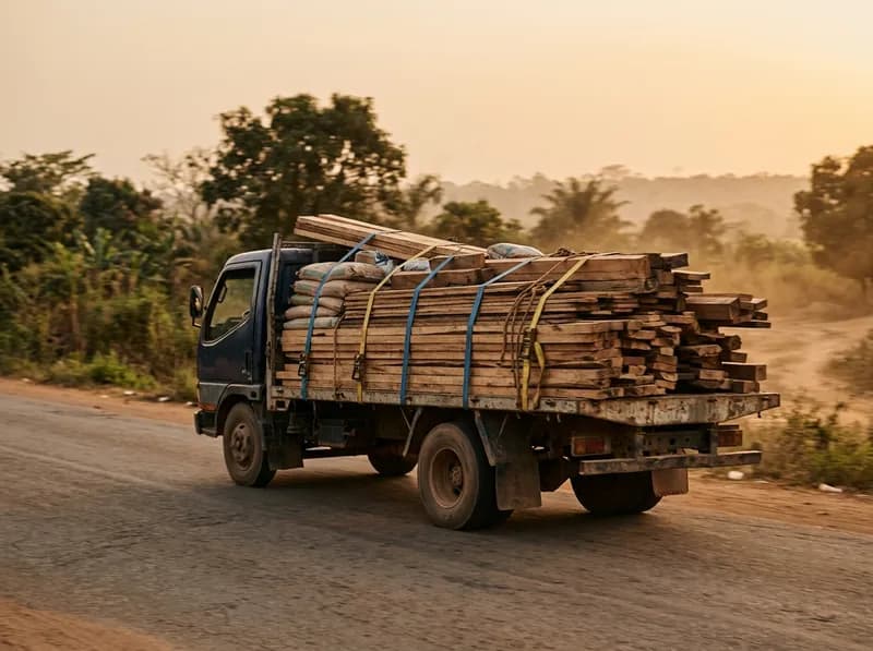 A truck loaded with strapped timber on a rural road at golden hour