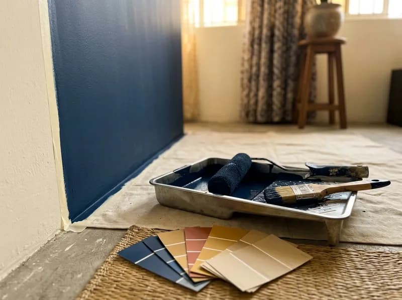 Paint rollers and brushes on a tray beside a freshly painted wall