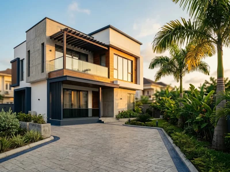 A modern Nigerian duplex at dusk with a lit driveway and palm planting