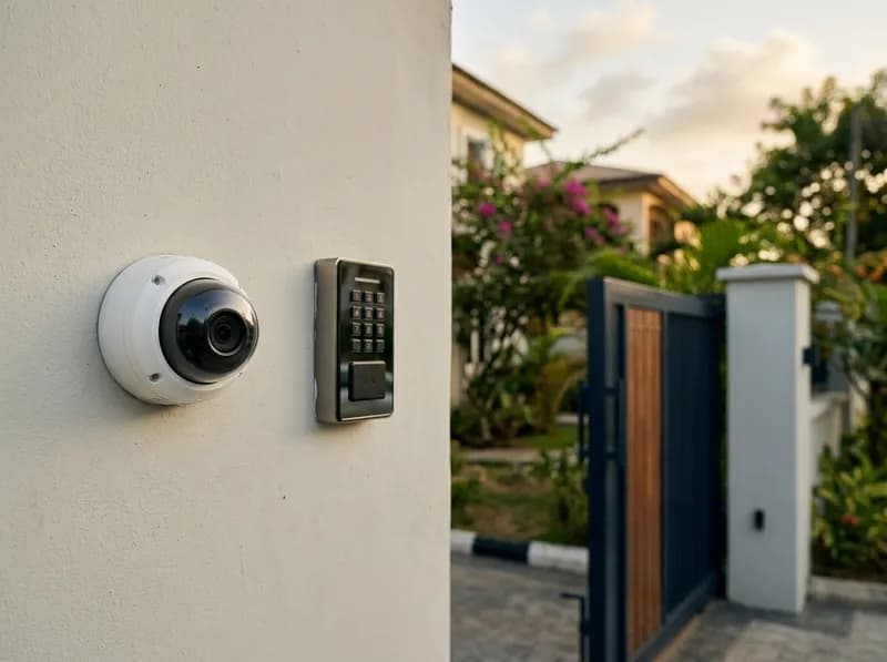 A CCTV dome camera and access control keypad mounted beside a gate