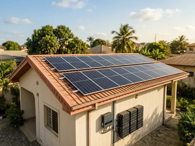 Solar panels on a rooftop with an inverter and battery bank on the wall below