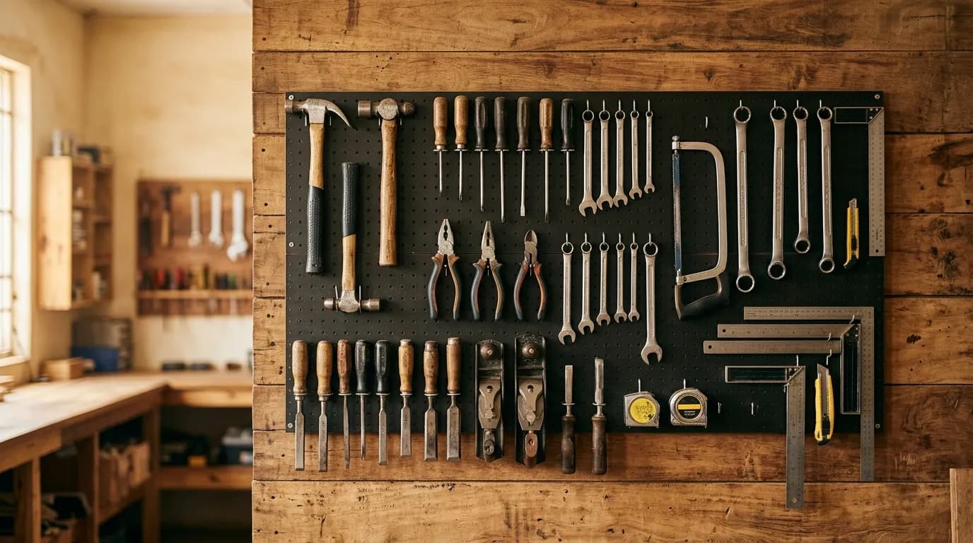 Hand tools arranged in careful order on a workshop pegboard